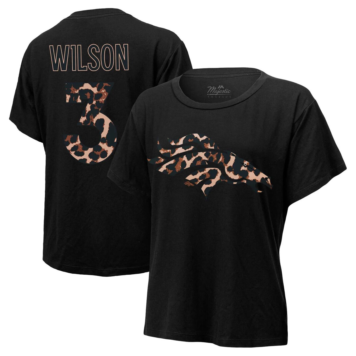 

Женская футболка Majestic Threads Russell Wilson Black Denver Broncos Leopard с именем и номером игрока Majestic