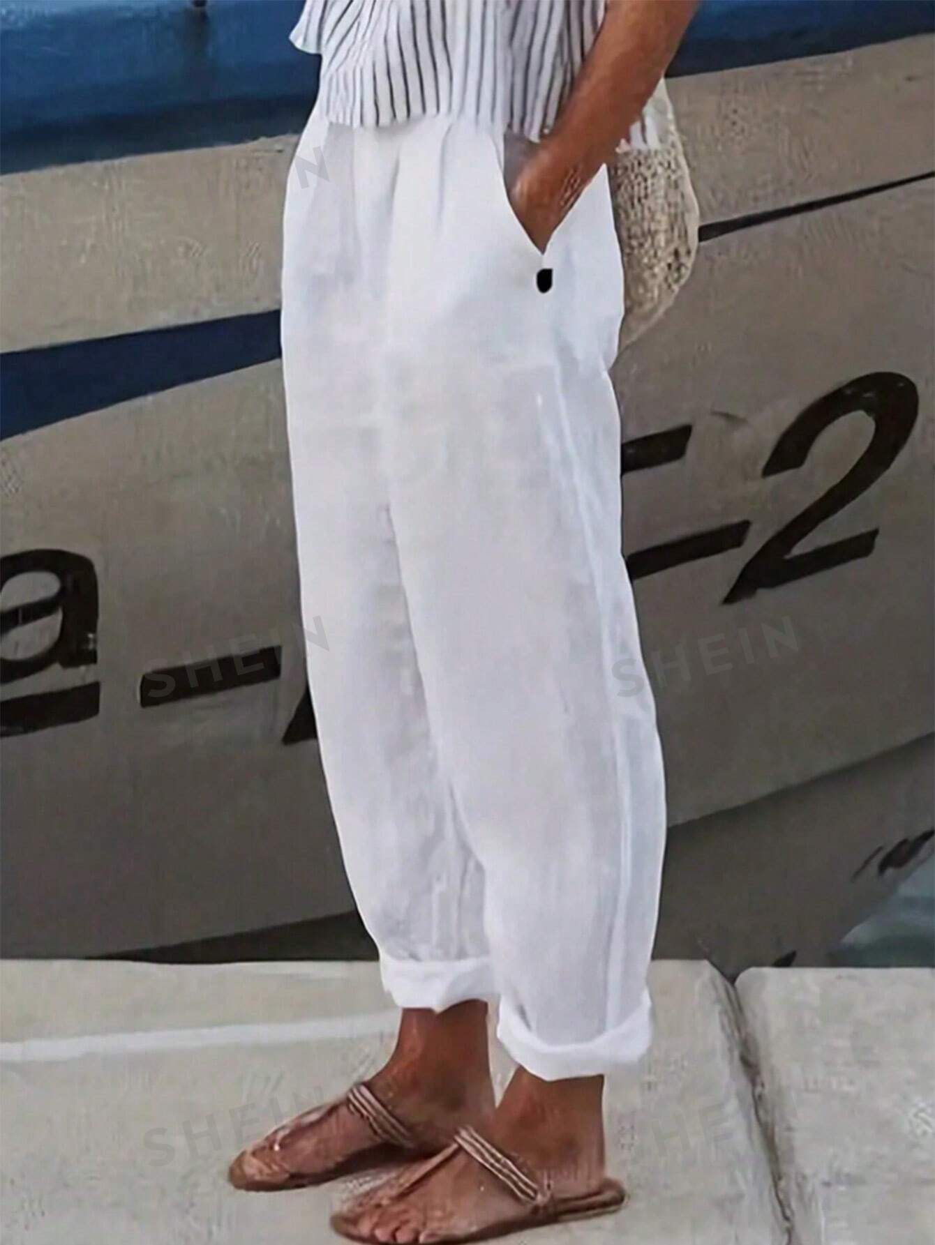SHEIN LUNE Повседневные брюки с эластичной резинкой на талии и диагональными карманами, белый