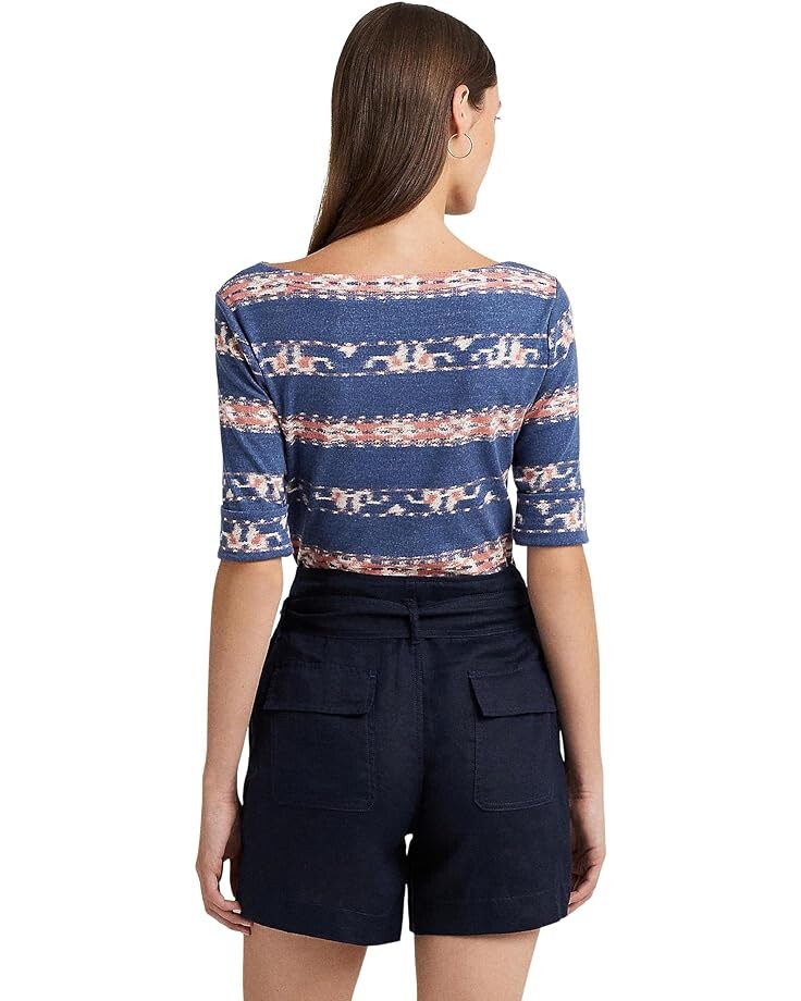 

Футболка LAUREN Ralph Lauren Petite Print Stretch Cotton Boatneck Tee, цвет Blue/Pink/Cream