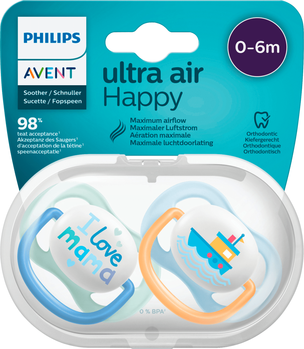 Соска Ultra Air Happy силиконовая синяя/желтая 0-6 месяцев 2 шт. Philips