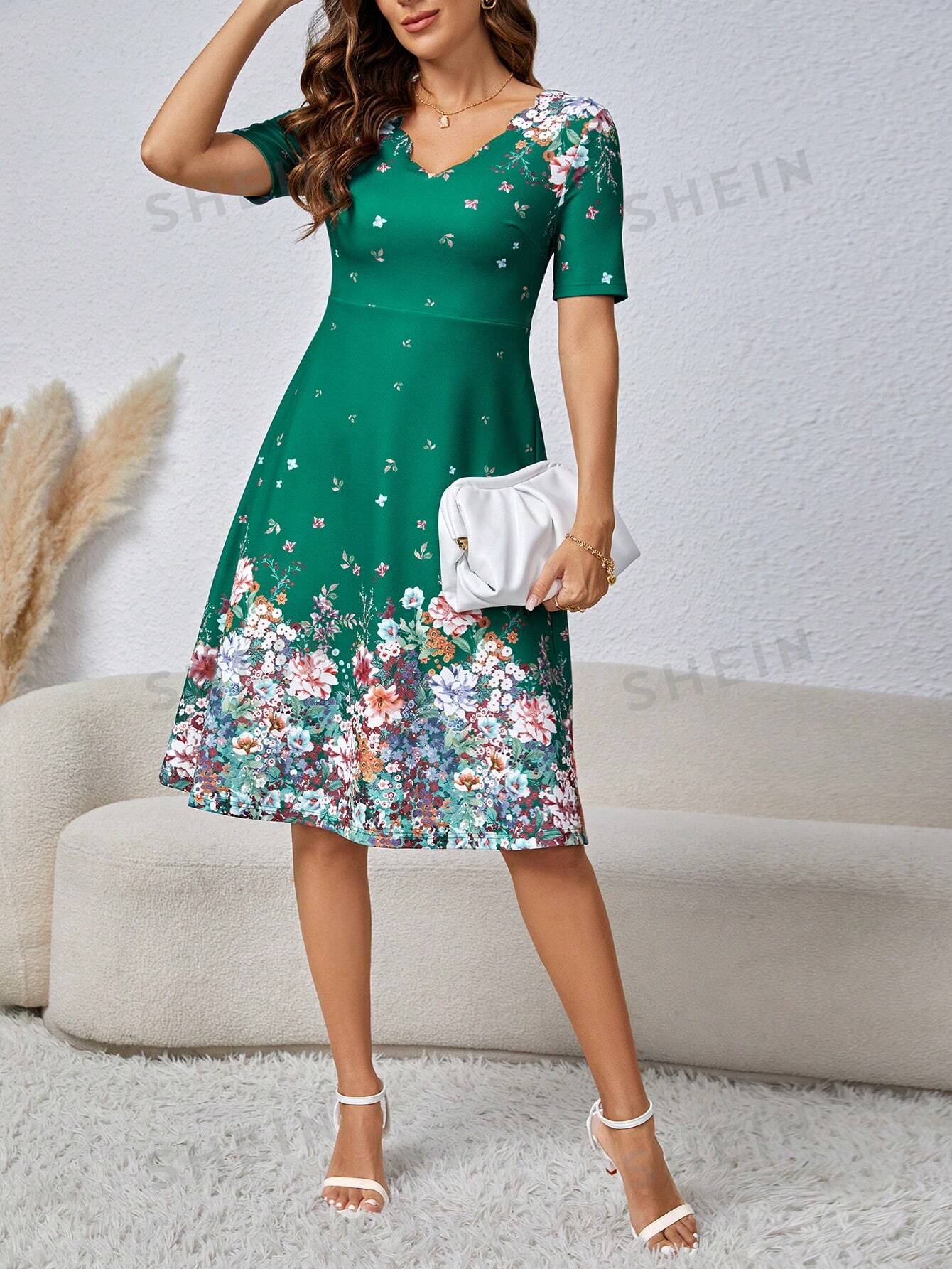 SHEIN Clasi Женское платье миди с v-образным вырезом и короткими рукавами с цветочным принтом, зеленый женское белое платье в стиле лолита с розовым подолом 60 см