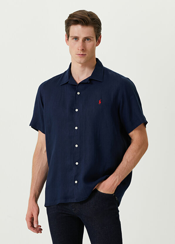 

Темно-синяя льняная рубашка с вышитым логотипом Polo Ralph Lauren