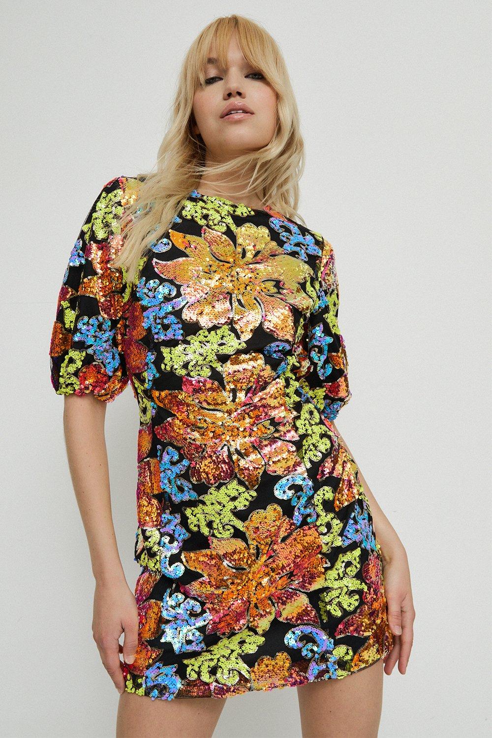 Мини-платье с пайетками и цветочным принтом Warehouse, мультиколор
