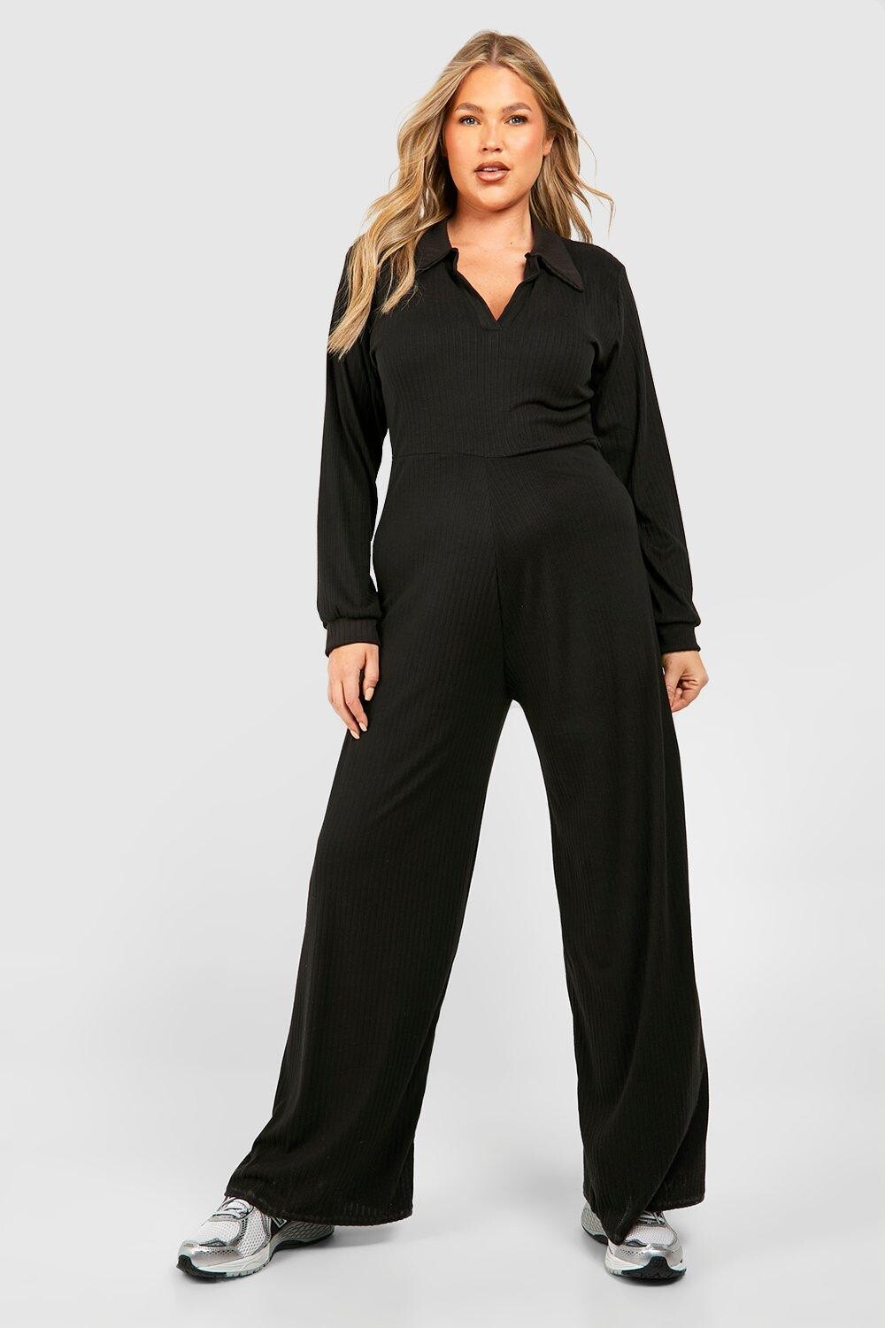

Мягкий комбинезон Plus с ребристым воротником и поясом boohoo, черный