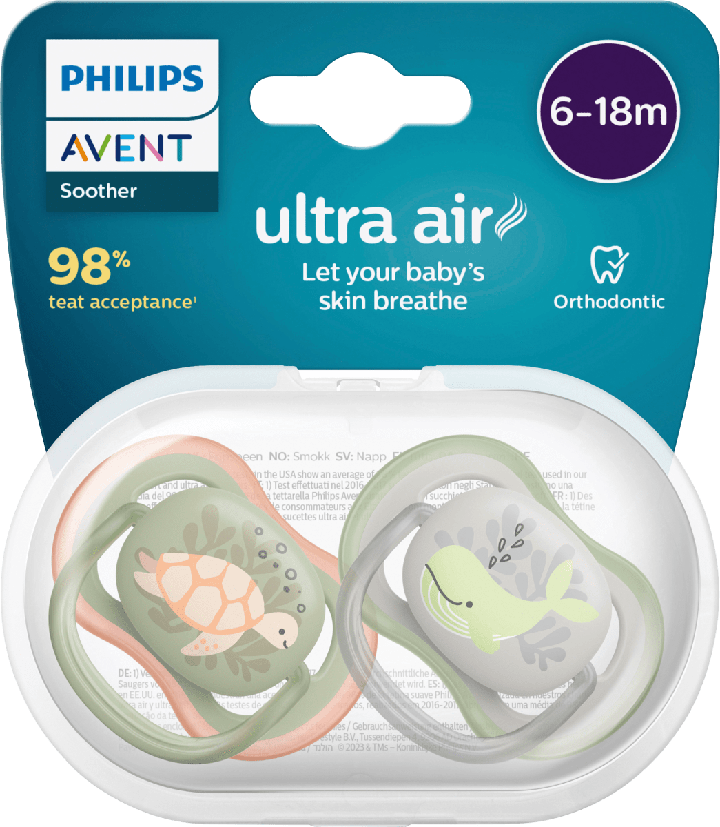 Соска Ultra Air силиконовая зеленая/серая 6-18 месяцев 2 шт. Philips