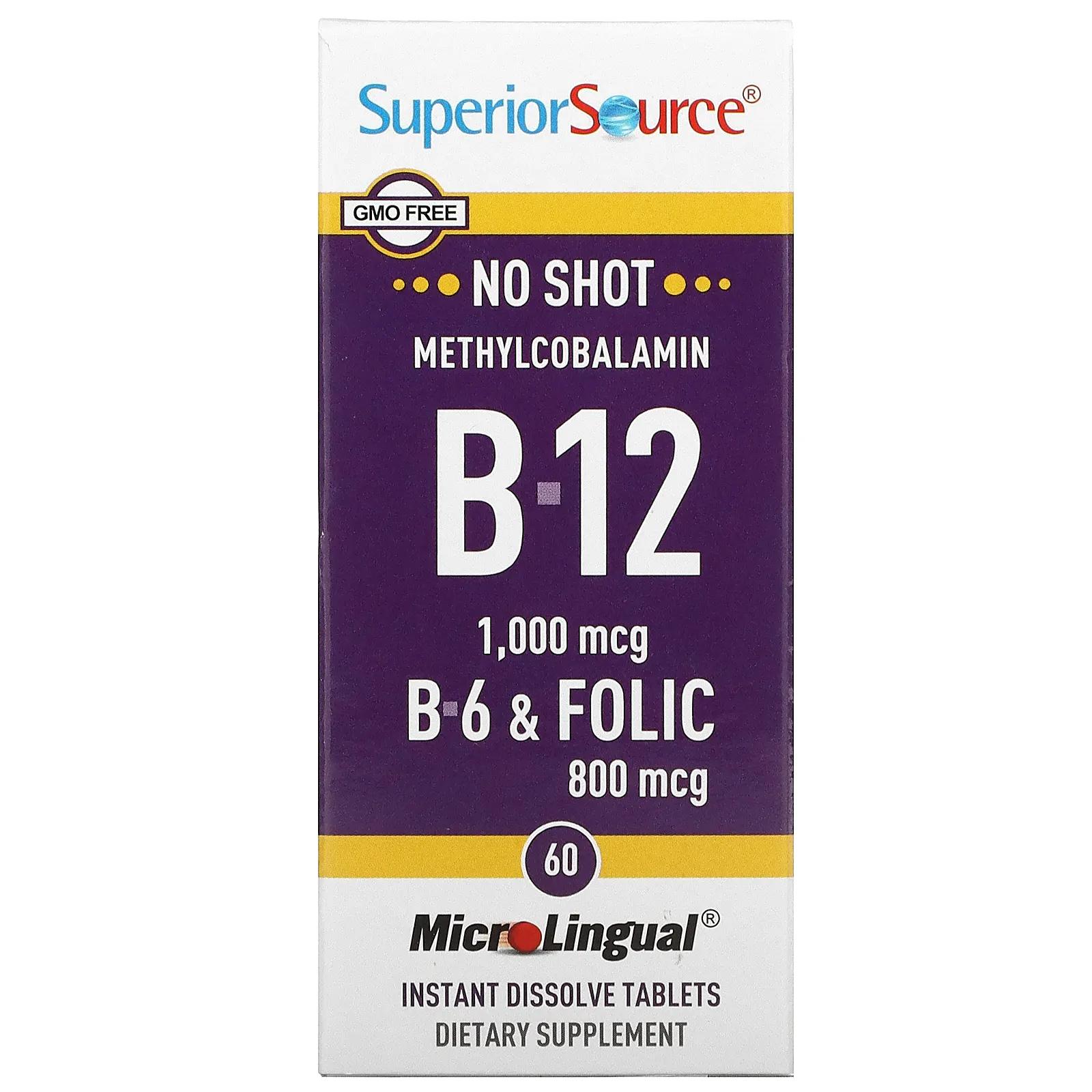 Superior Source Метилкобаламин B-12 1000 мкг B-6 и фолиевая кислота 800 мкг MicroLingual 60 таблеток витамин c superior source clean melts апельсин 90 растворов