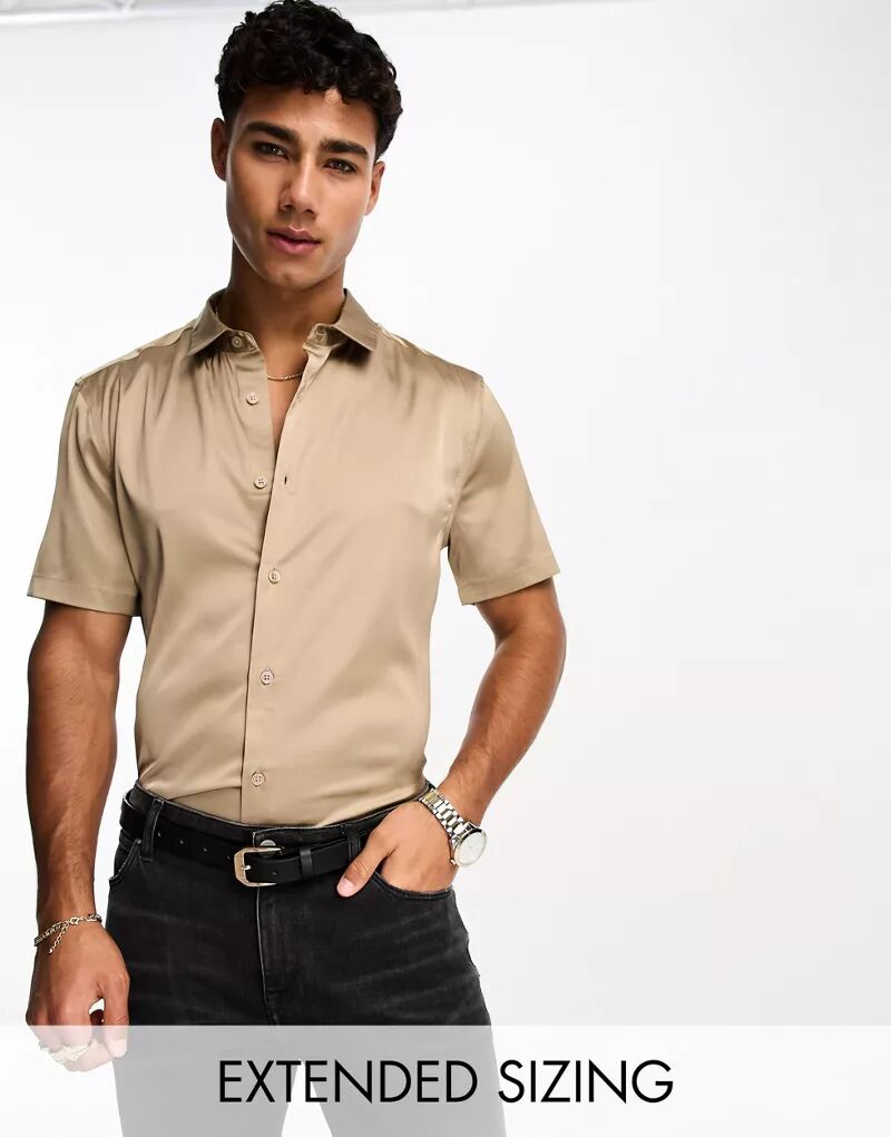 Атласная рубашка узкого кроя с закатанными рукавами ASOS песочного цвета атласная рубашка узкого кроя медного цвета asos