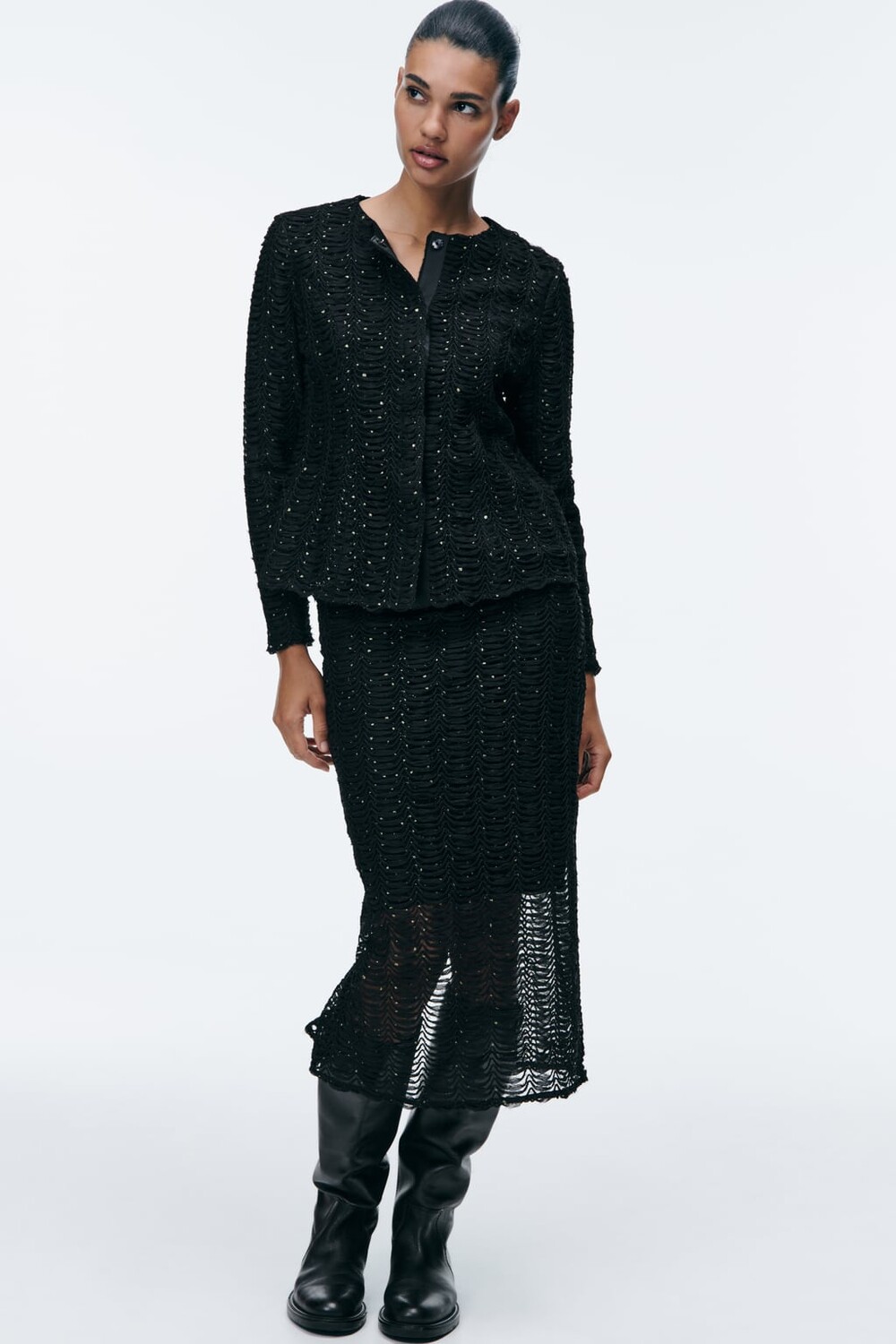 

Контрастная юбка-миди с металлической нитью ZARA, черное золото