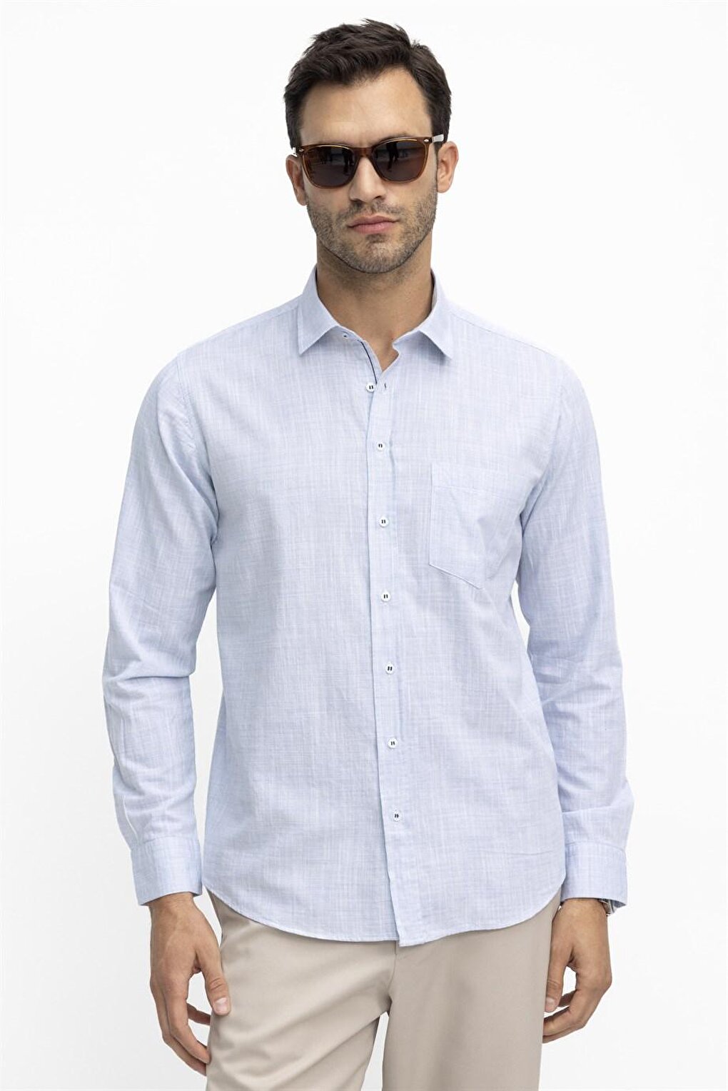 Классическая льняная однотонная мужская рубашка с длинным рукавом TUDORS, синий
