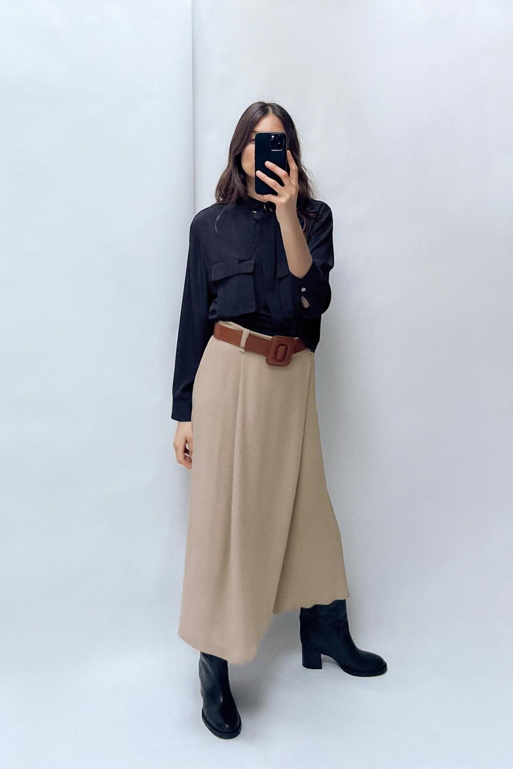

Юбка миди с поясом ZARA, кэмел