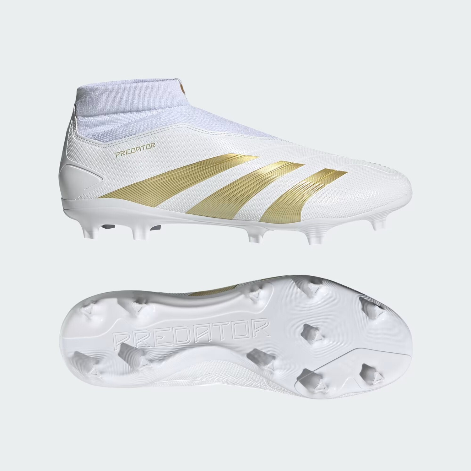 

Футбольные бутсы без шнурков Predator League с твердым покрытием Adidas, цвет Cloud White/Gold Metallic/Sandy Beige Met