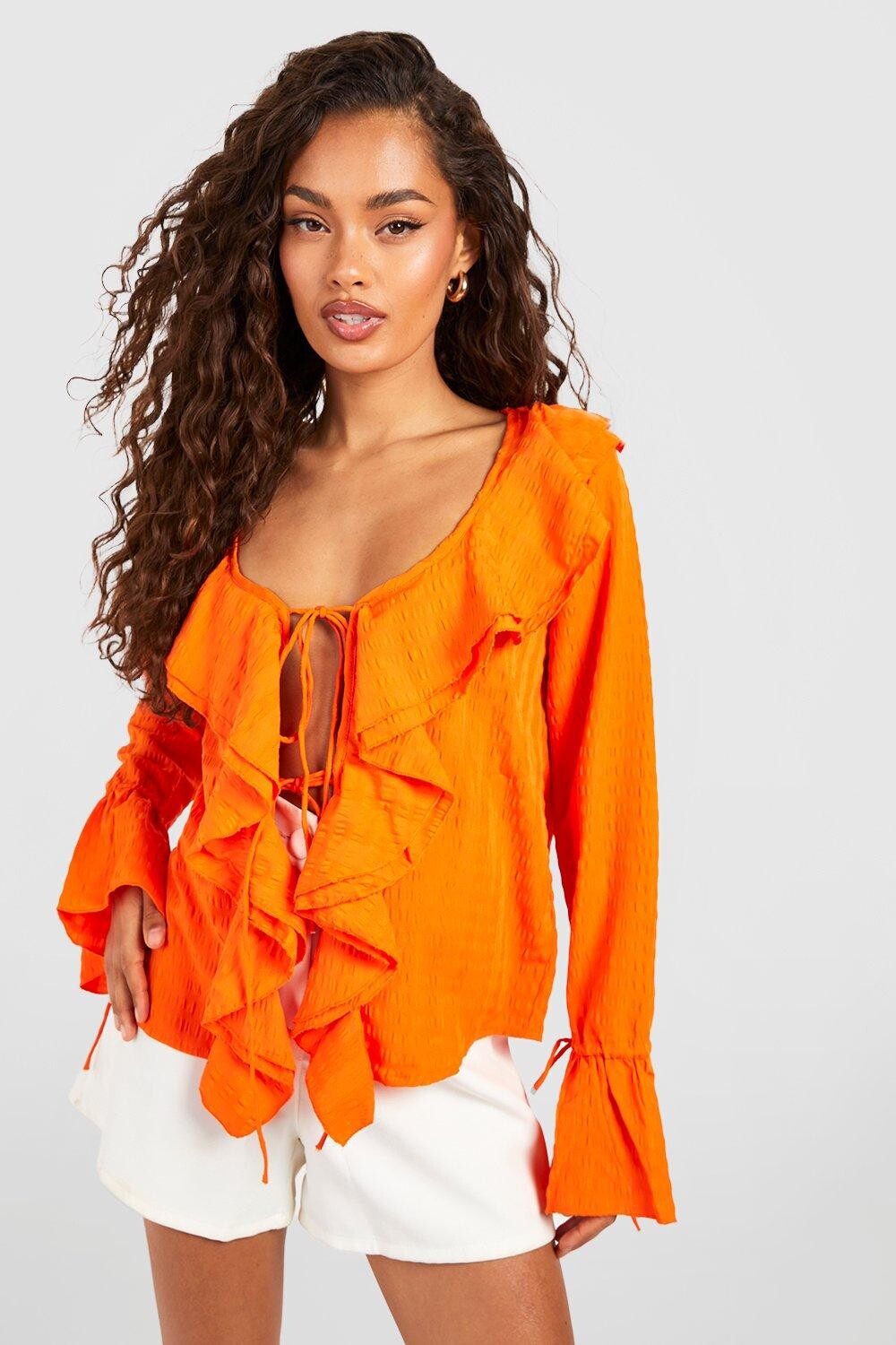 

Блузка с текстурным рюшами и завязкой передней переднию Boohoo, оранжевый