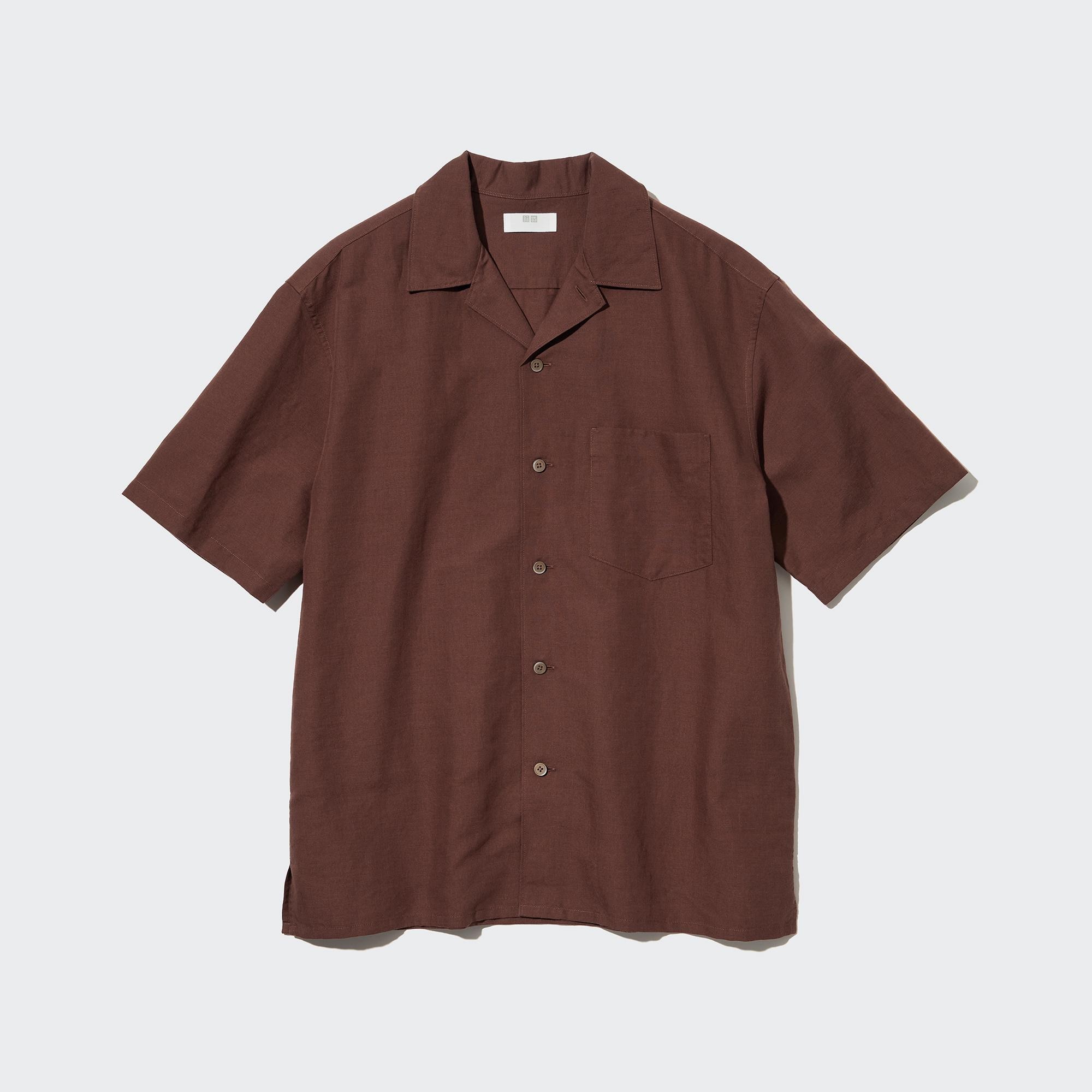 Рубашка UNIQLO льняная с открытым вырезом, коричневый льняная рубашка с открытым вырезом uniqlo оливковый