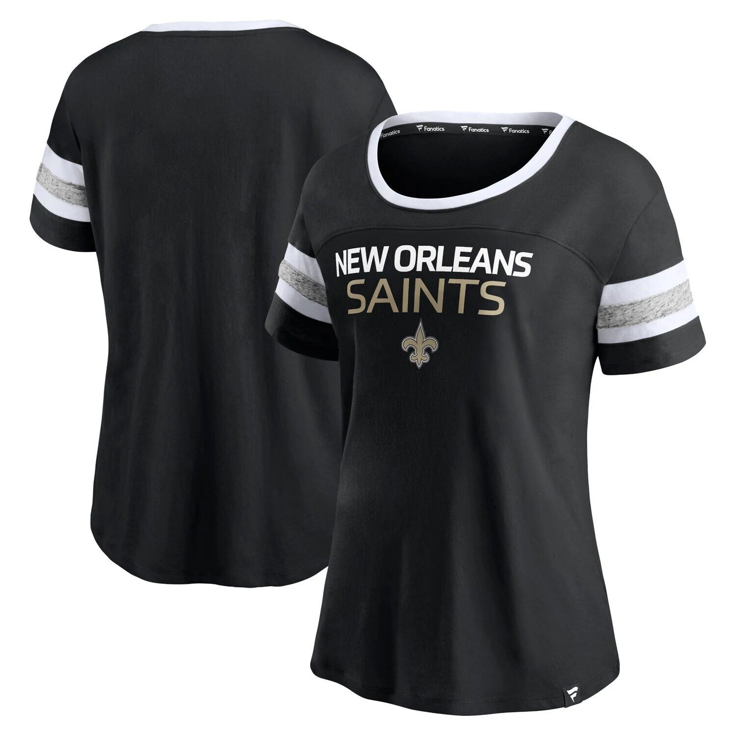

Женская черная футболка в полоску с фирменным логотипом New Orleans Saints Fanatics