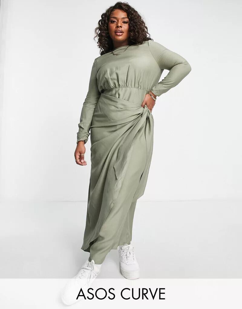 

Льняное платье макси цвета хаки с юбкой с запахом ASOS DESIGN Curve