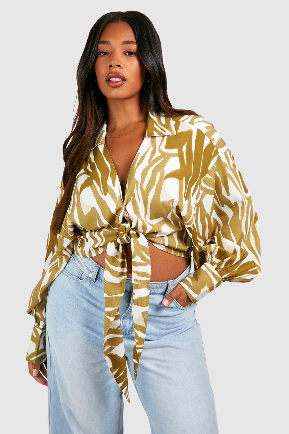 

Рубашка с завязкой передней с принтом зебра Boohoo, зеленый