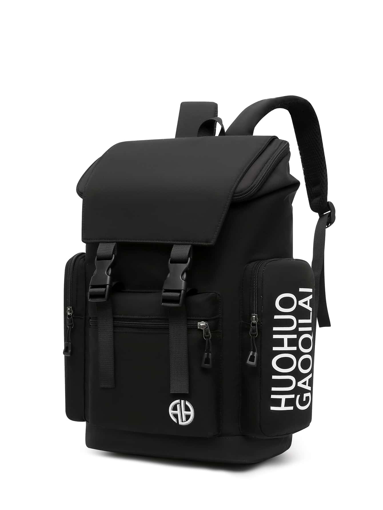 Буквенный графический карманный боковой функциональный рюкзак Модный черный, черный фото