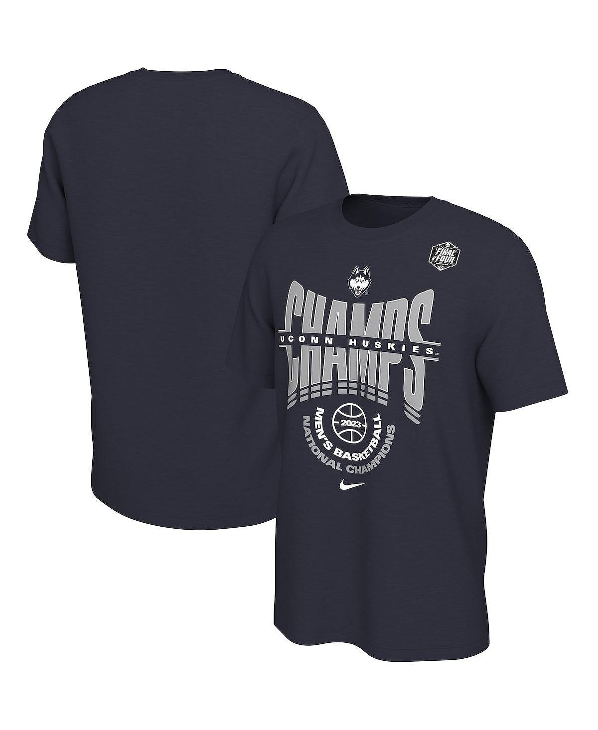 цена Мужская темно-синяя футболка UConn Huskies 2023 NCAA Мужская баскетбольная футболка национальных чемпионов в раздевалке Nike