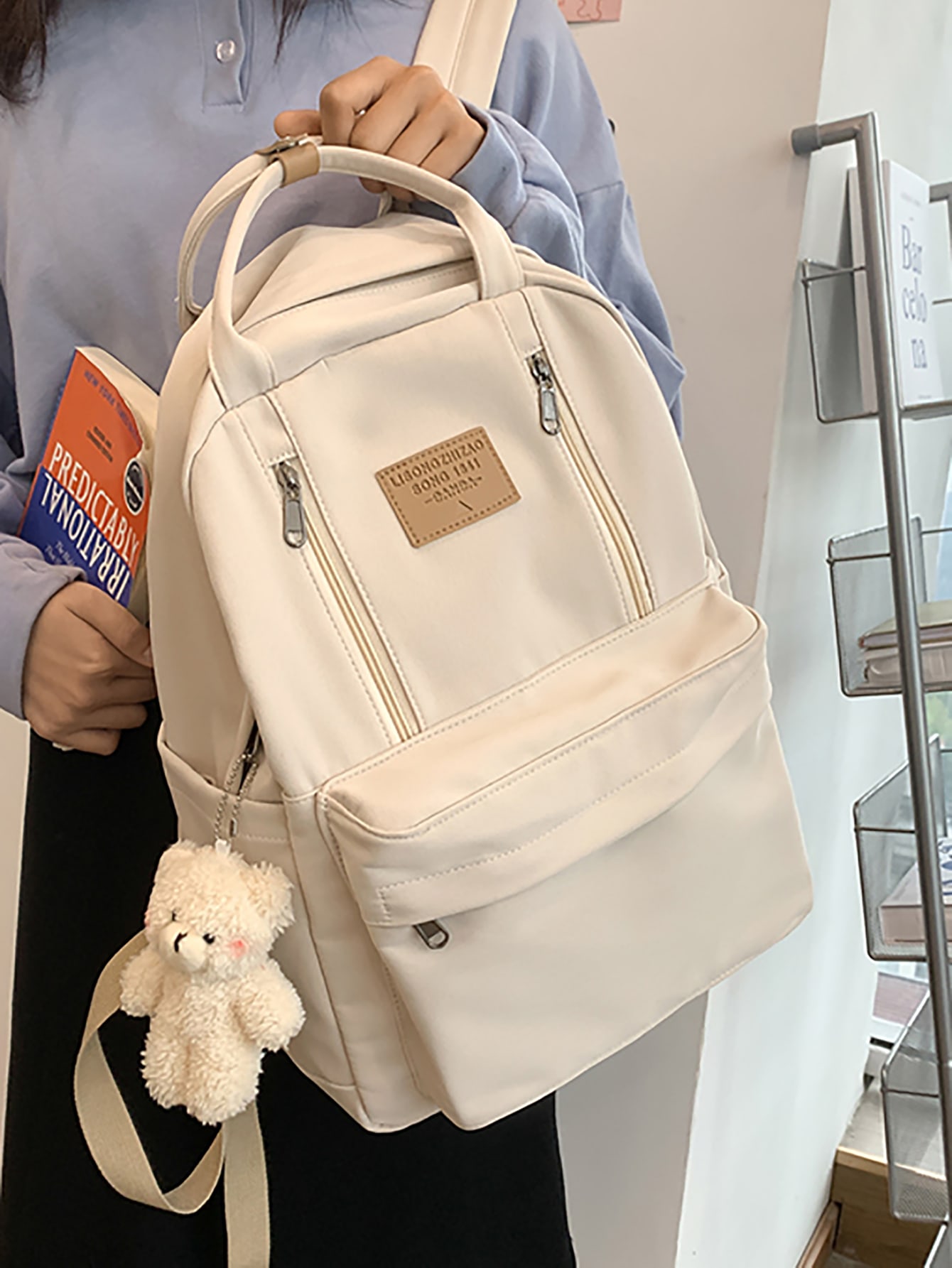 Портативный функциональный рюкзак с буквенной нашивкой и мультяшной сумкой, бежевый легкий портативный однотонный вельветовый модный повседневный рюкзак бежевый