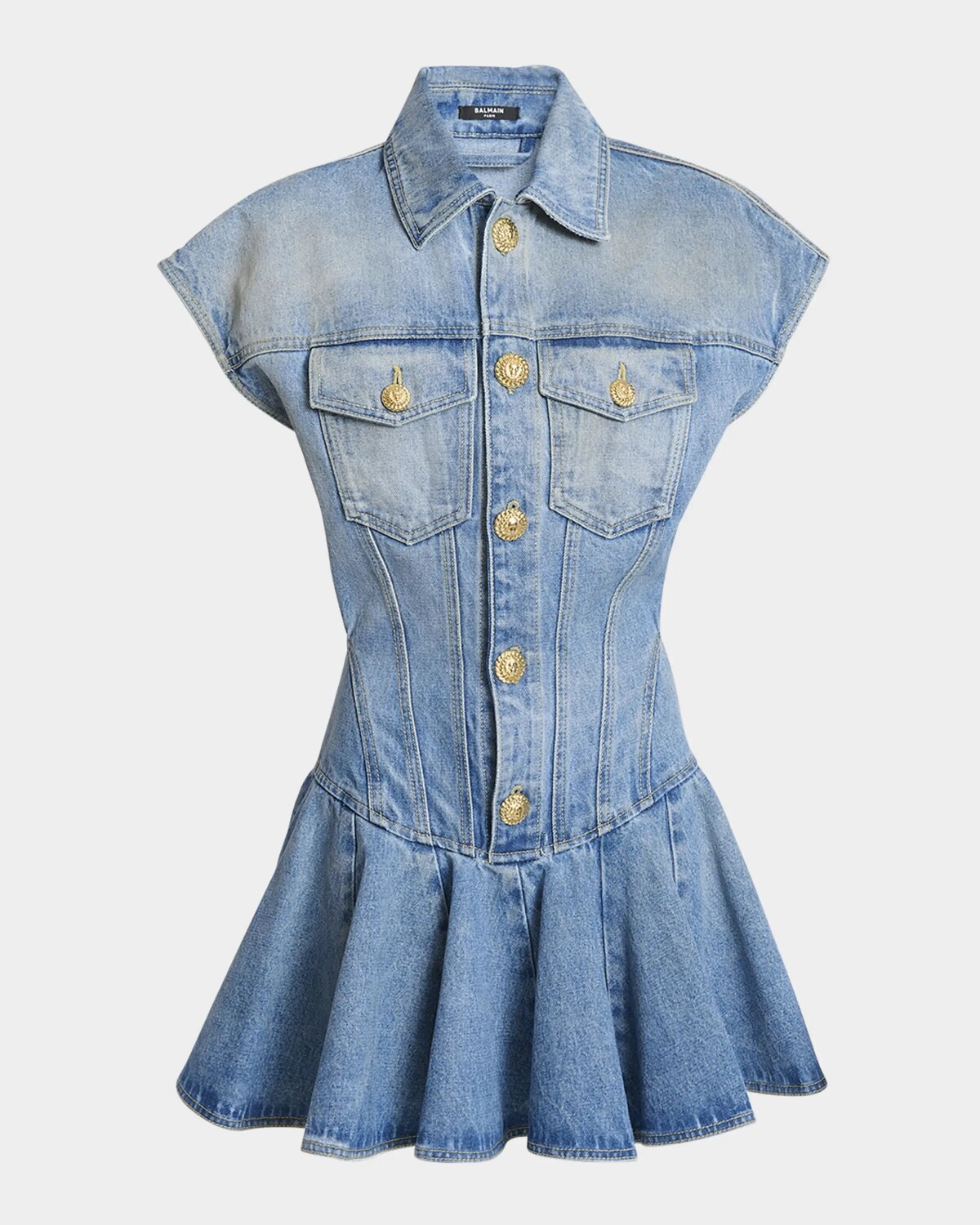 

Джинсовое платье мини с короткими рукавами Balmain, цвет Lt Blue