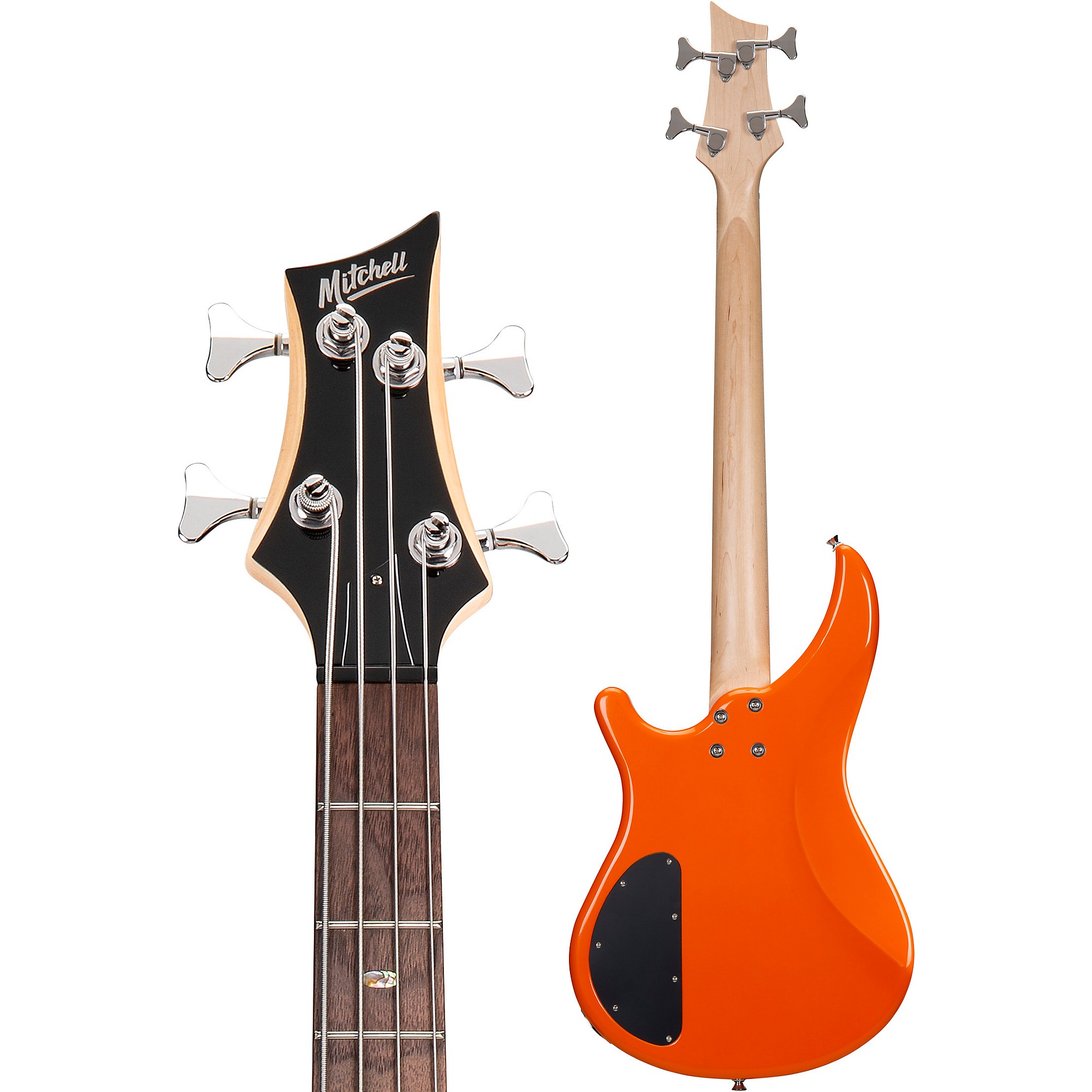Короткая цельнокорпусная электробас-гитара Mitchell MB100, оранжевая футболка mitchell