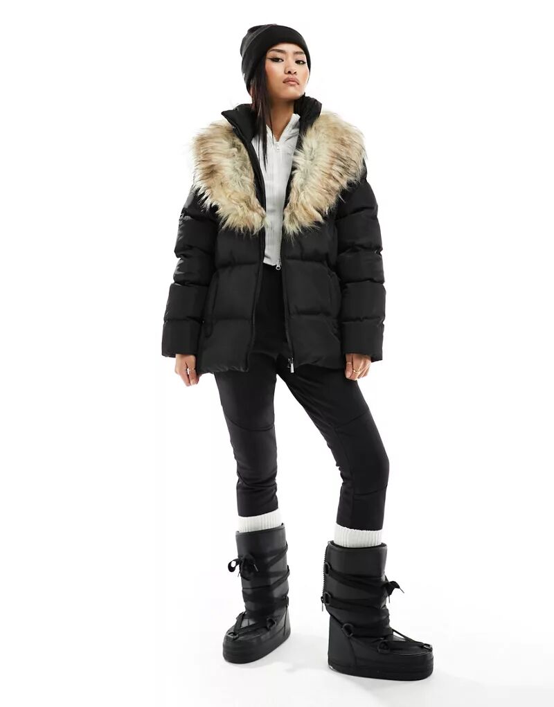 Черное стеганое лыжное пальто с потертостями, поясом и воротником с отделкой из искусственного меха Threadbare