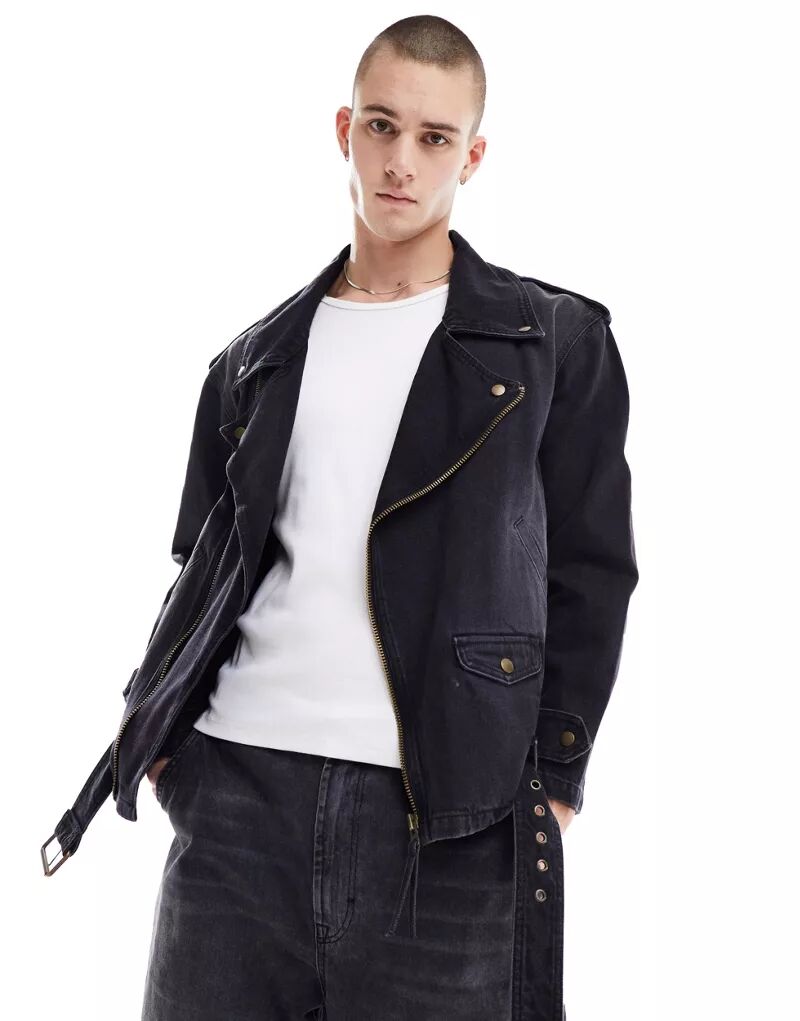 цена Черная джинсовая куртка оверсайз в байкерском стиле ASOS