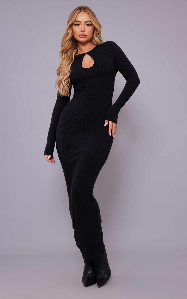 

PrettyLittleThing Черное платье макси с широкими ребристыми вырезами и длинными рукавами