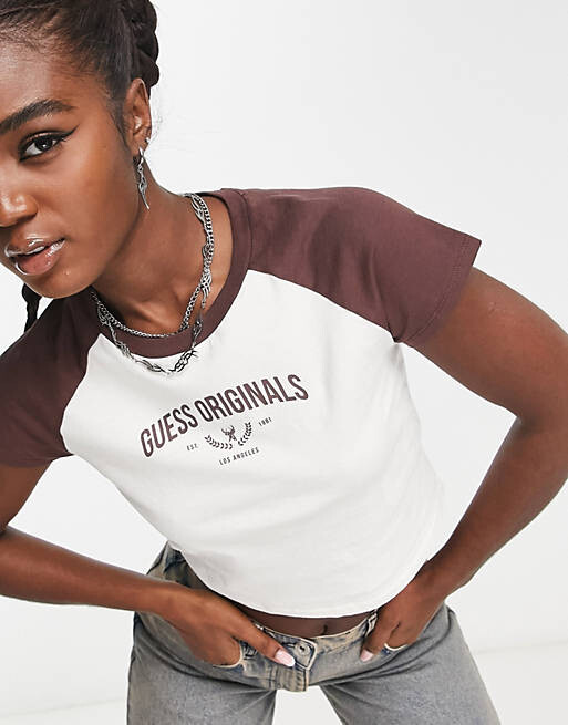 

Белая укороченная детская футболка реглан Guess Originals Hannah, Белый