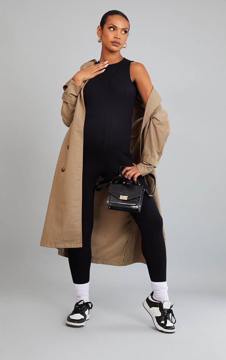 

PrettyLittleThing Черный комбинезон без рукавов в рубчик для беременных