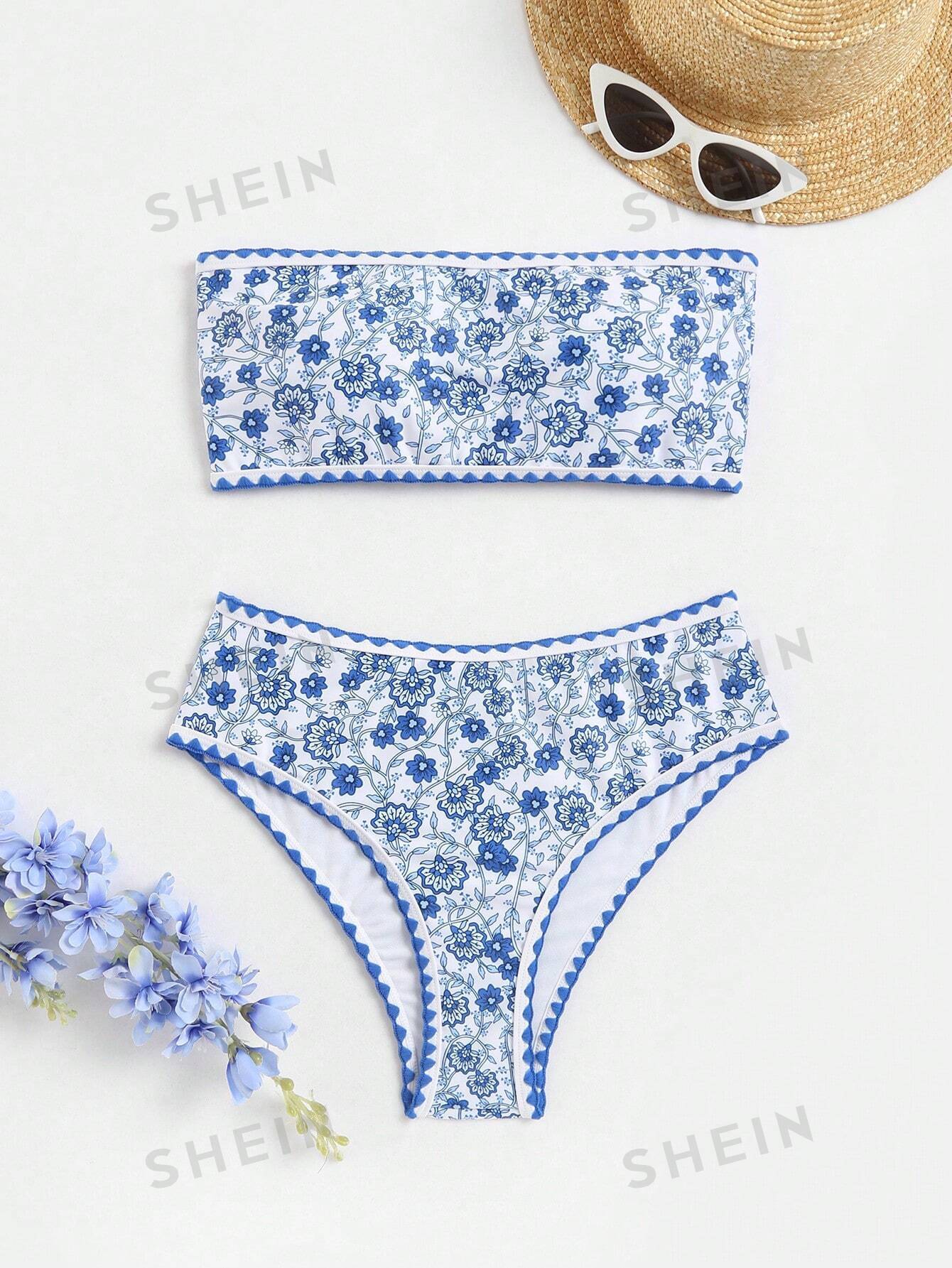 SHEIN Swim BohoFeel Женский комплект бикини без бретелек с цветочным принтом, синий и белый