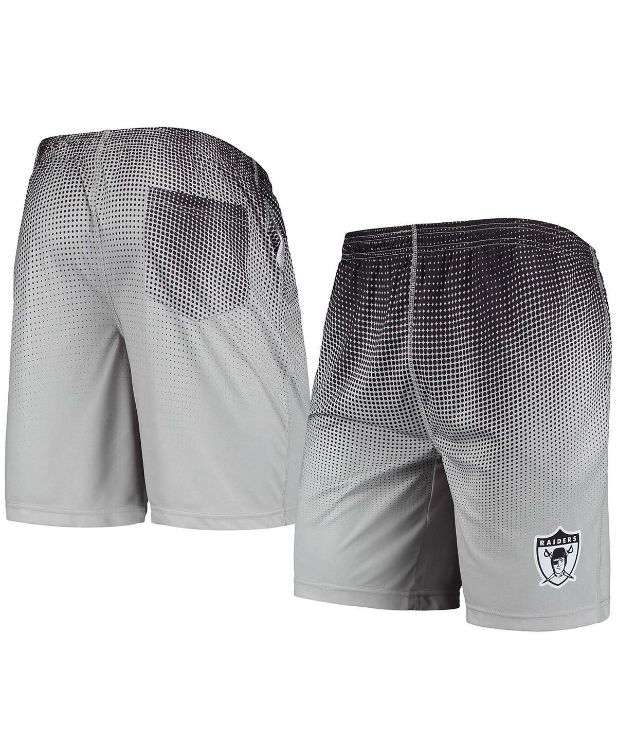 цена Мужские черно-серебристые тренировочные шорты с историческим логотипом Las Vegas Raiders и пиксельным градиентом FOCO