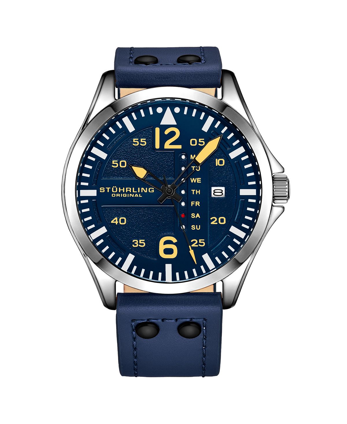 цена Мужские часы Aviator, синяя кожа, синий циферблат, круглые часы 51 мм Stuhrling