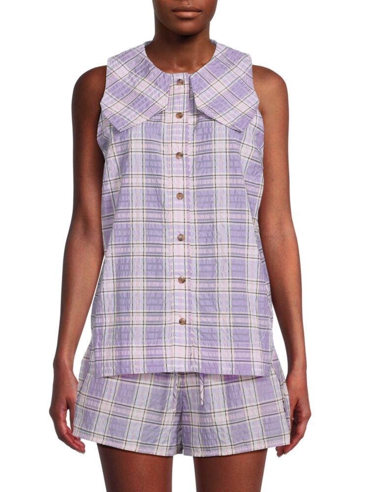 

Топ из жатого хлопка в клетку Ganni, цвет Purple Checks