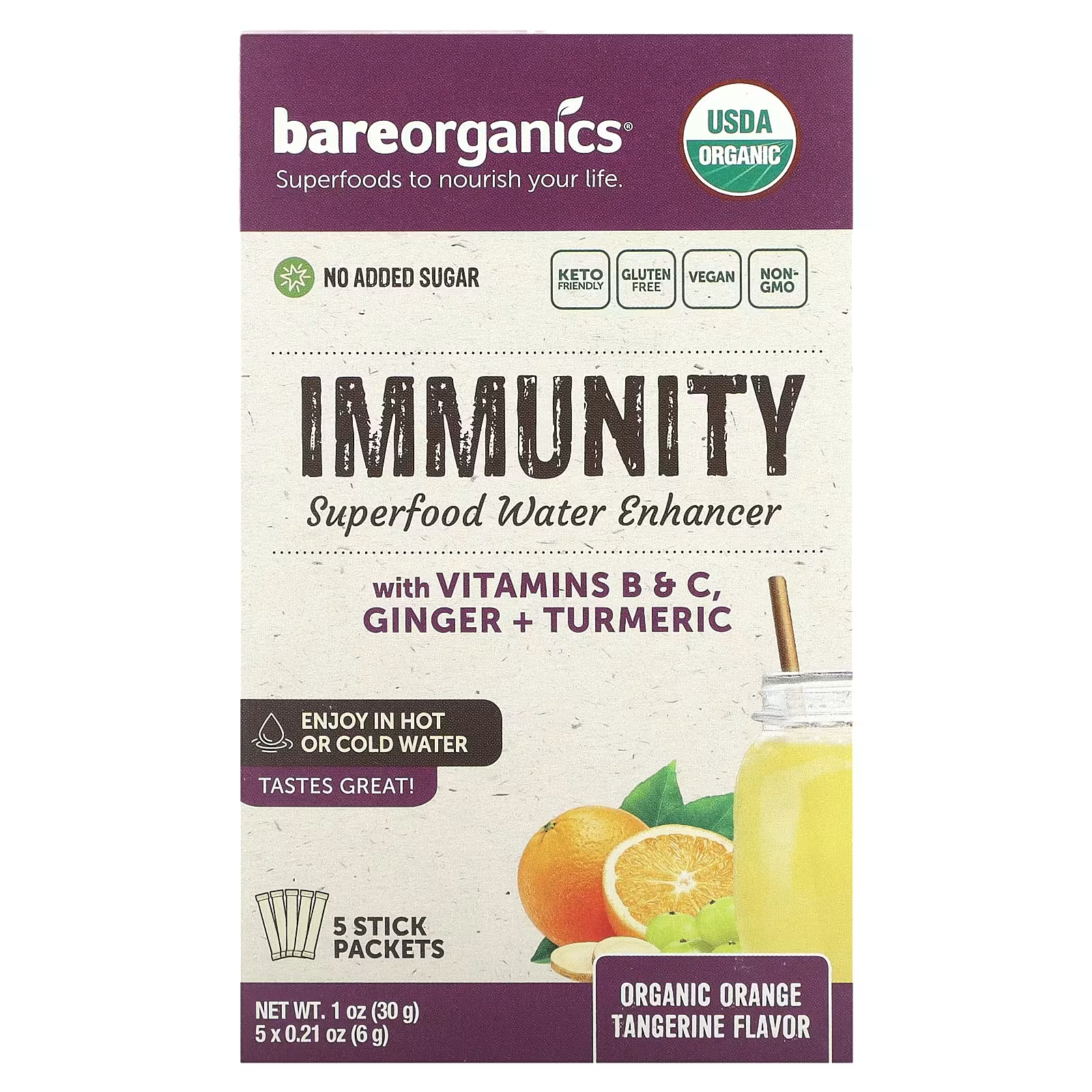 Смесь витаминов BareOrganics Immunity Superfood Water Enhancer апельсин и мандарин, 5 пакетиков по 6 г nature s path qi a superfood овсянка без глютена семена и злаки 6 пакетиков по 38 г