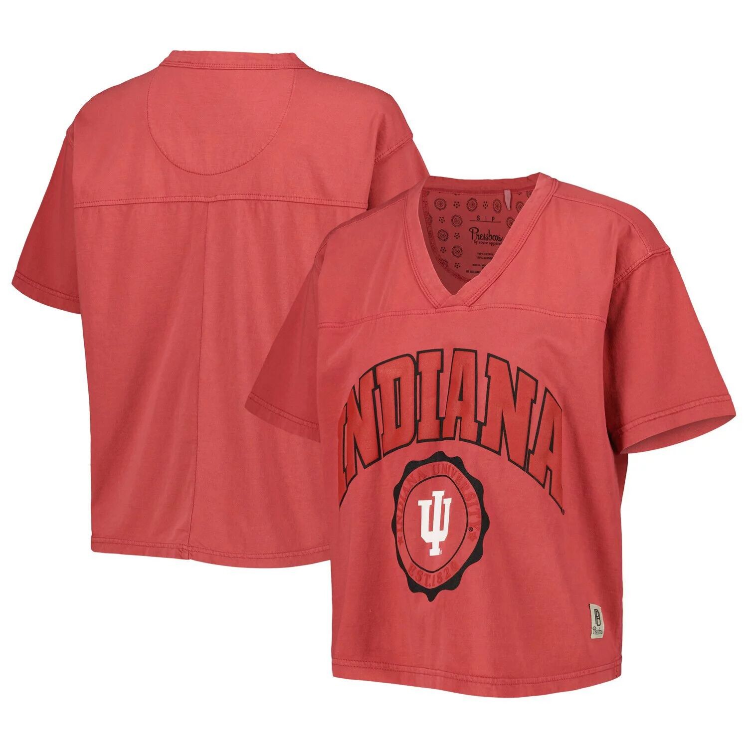 

Женская футболка с v-образным вырезом длиной до талии и прессбоксом Crimson Indiana Hoosiers Sycamore Edith