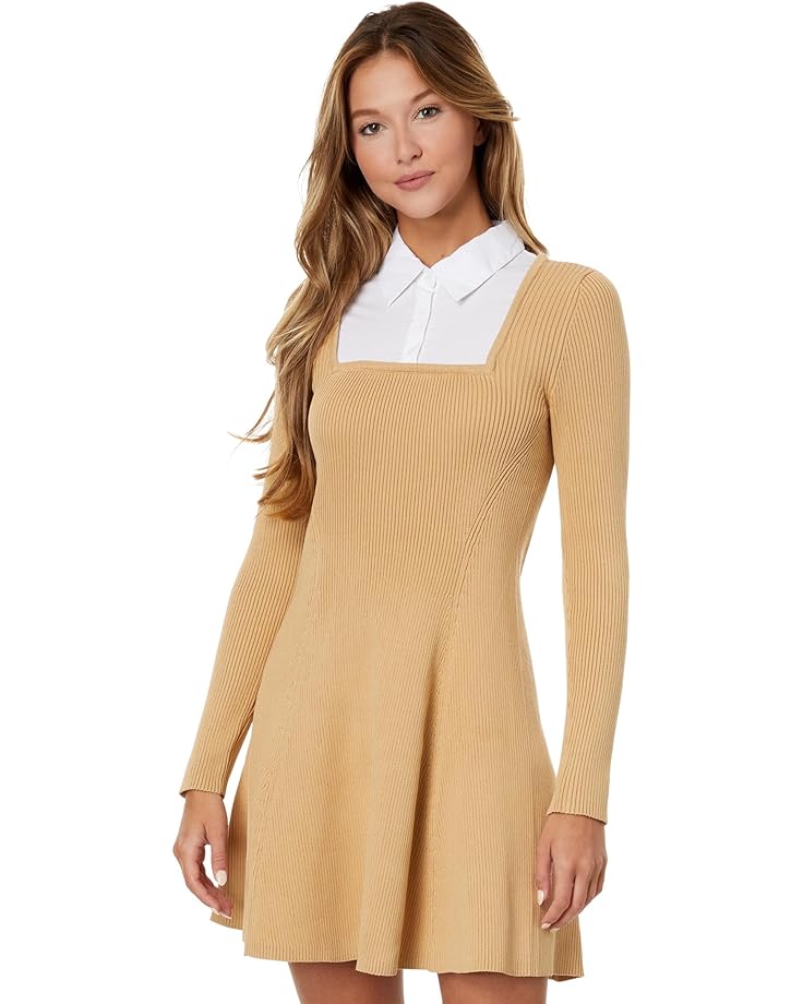 Платье English Factory Mixed Media Fit-and-Flare Sweaterdress, бежевый
