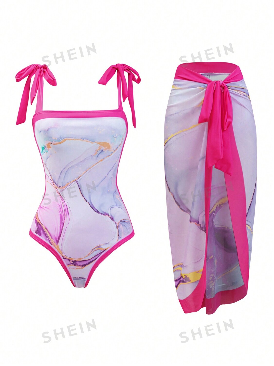 

Купальник цельный Shein Swim Vcay с принтом и бретельками, розовый