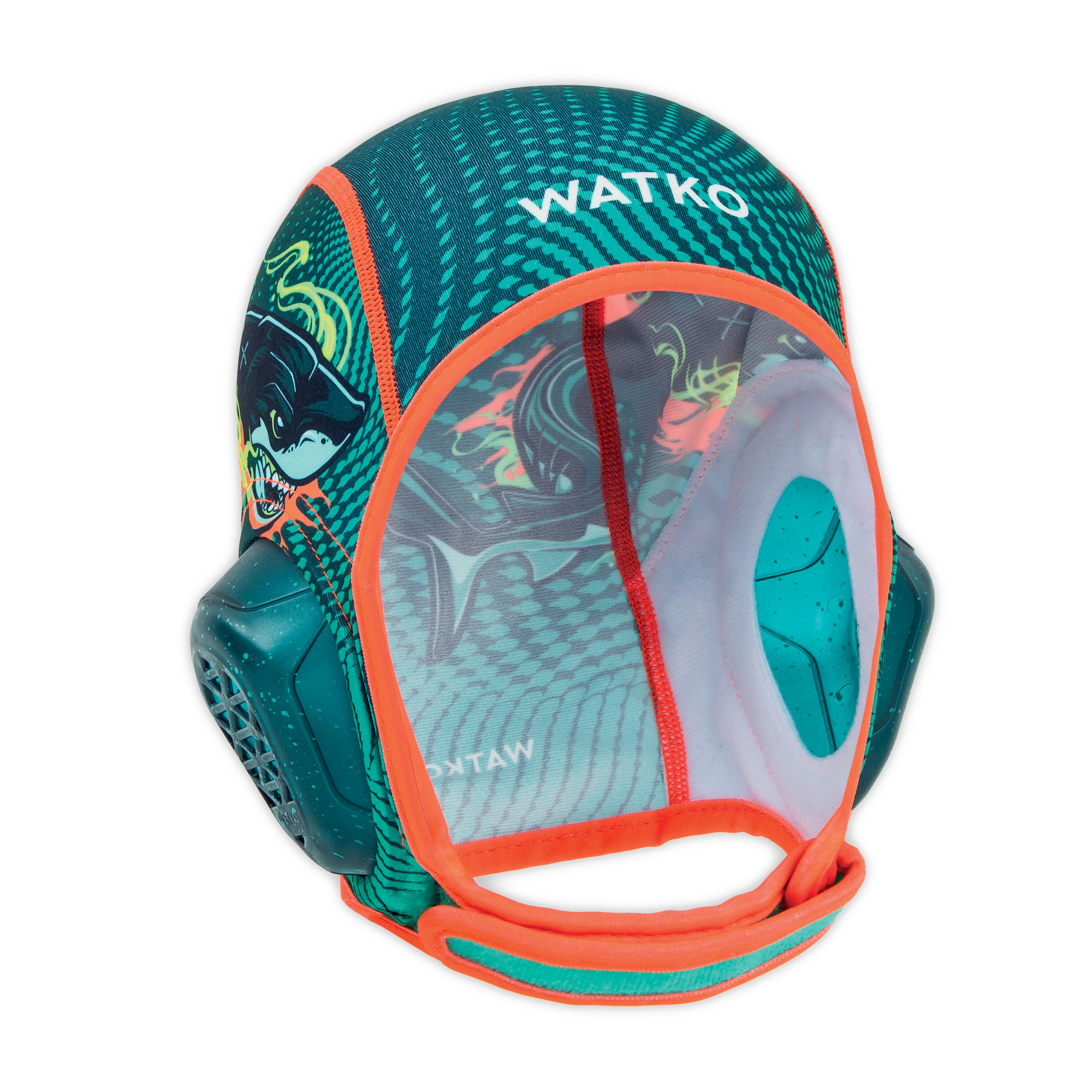 Кепка для водного поло детская Easyplay Shark Velcro зеленая WATKO, темный бензин / неоновый красный