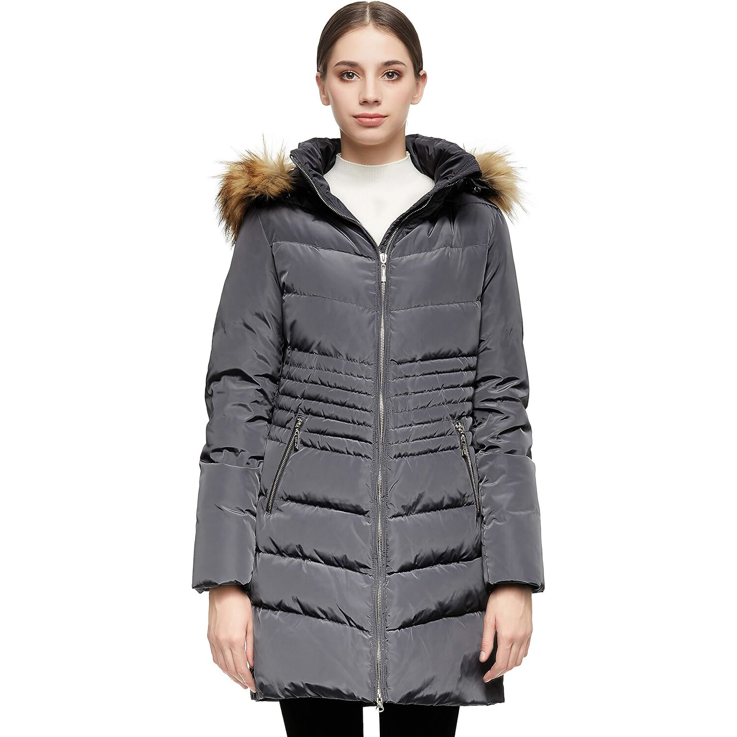 

Пуховик Orolay Water Resistant Stripe Waist Hooded Faux Fur, серый