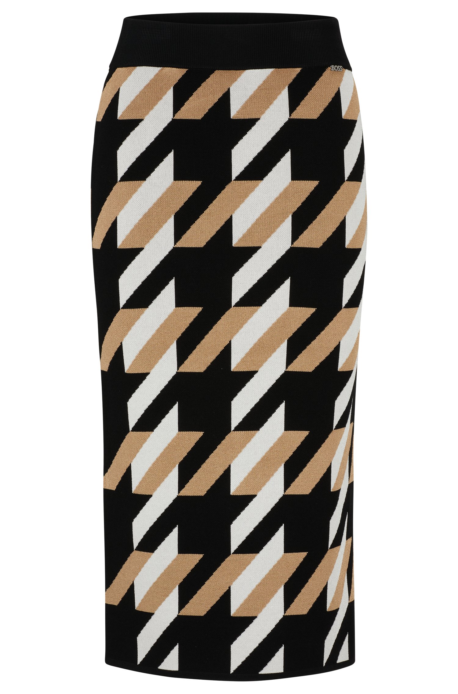 цена Юбка миди Hugo Boss Knitted Jacquard-pattern Pencil Skirt With Logo Trim, бежевый, черный, белый