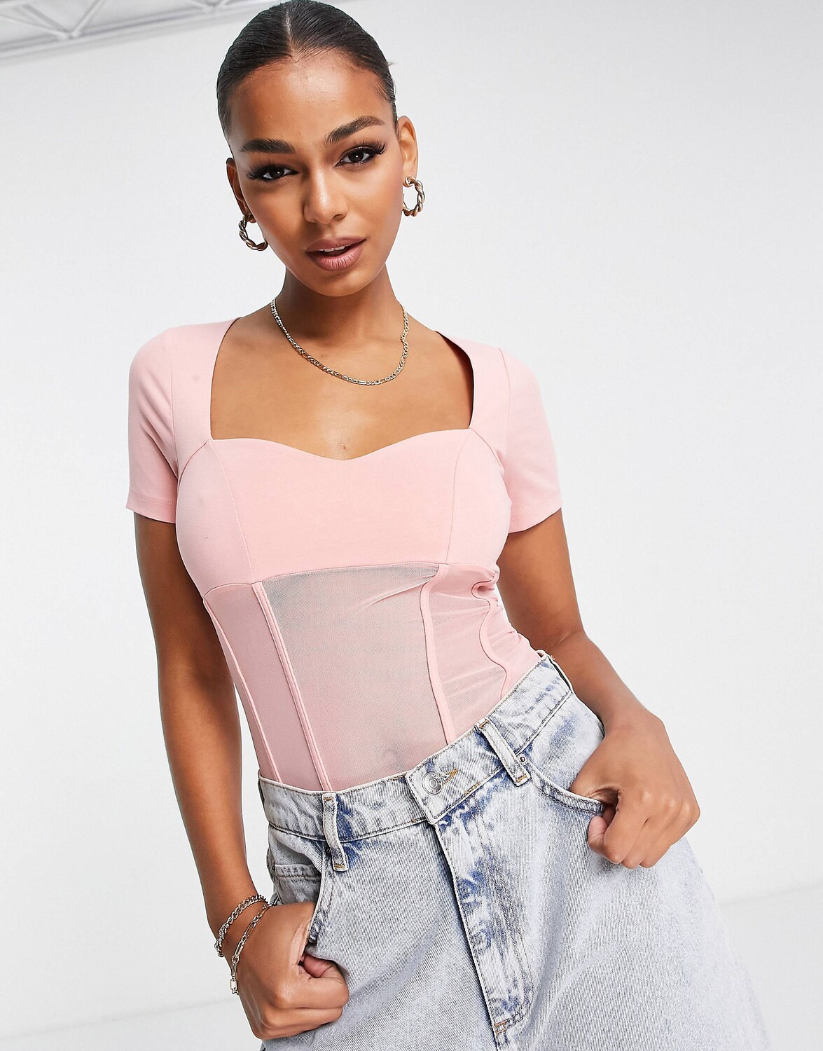 

Розовое боди с корсетом и короткими рукавами ASOS DESIGN