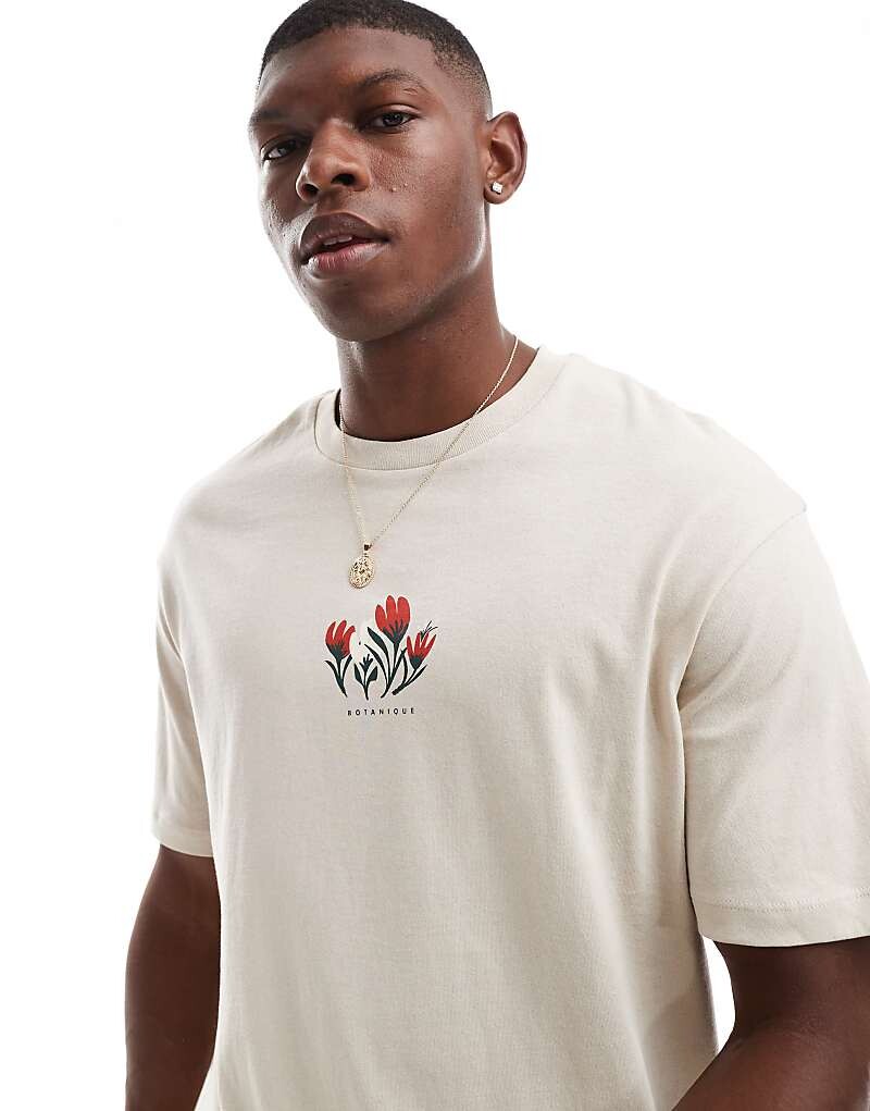 

Selected Homme — футболка Oversize в цвете Hellbraun с цветочным принтом Brustprint
