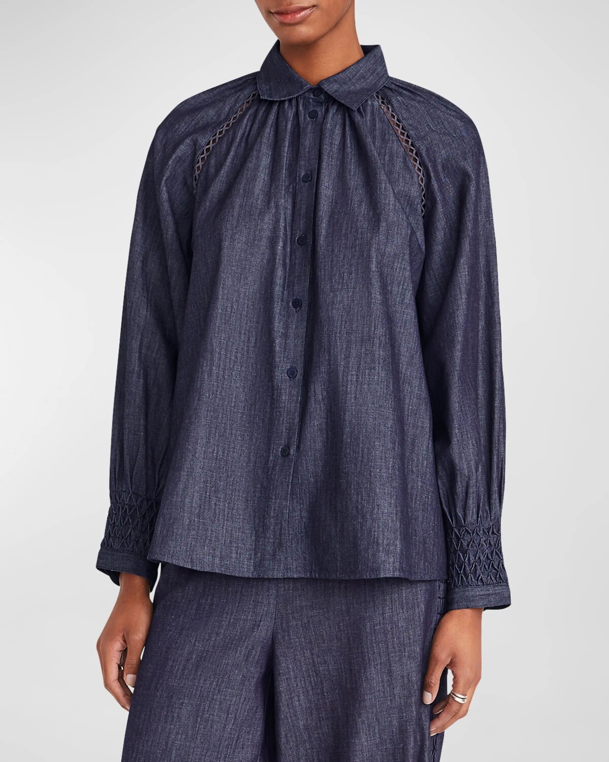 

Джинсовый топ Tiana со сборками и кружевной вставкой Merlette, цвет Dark Wash