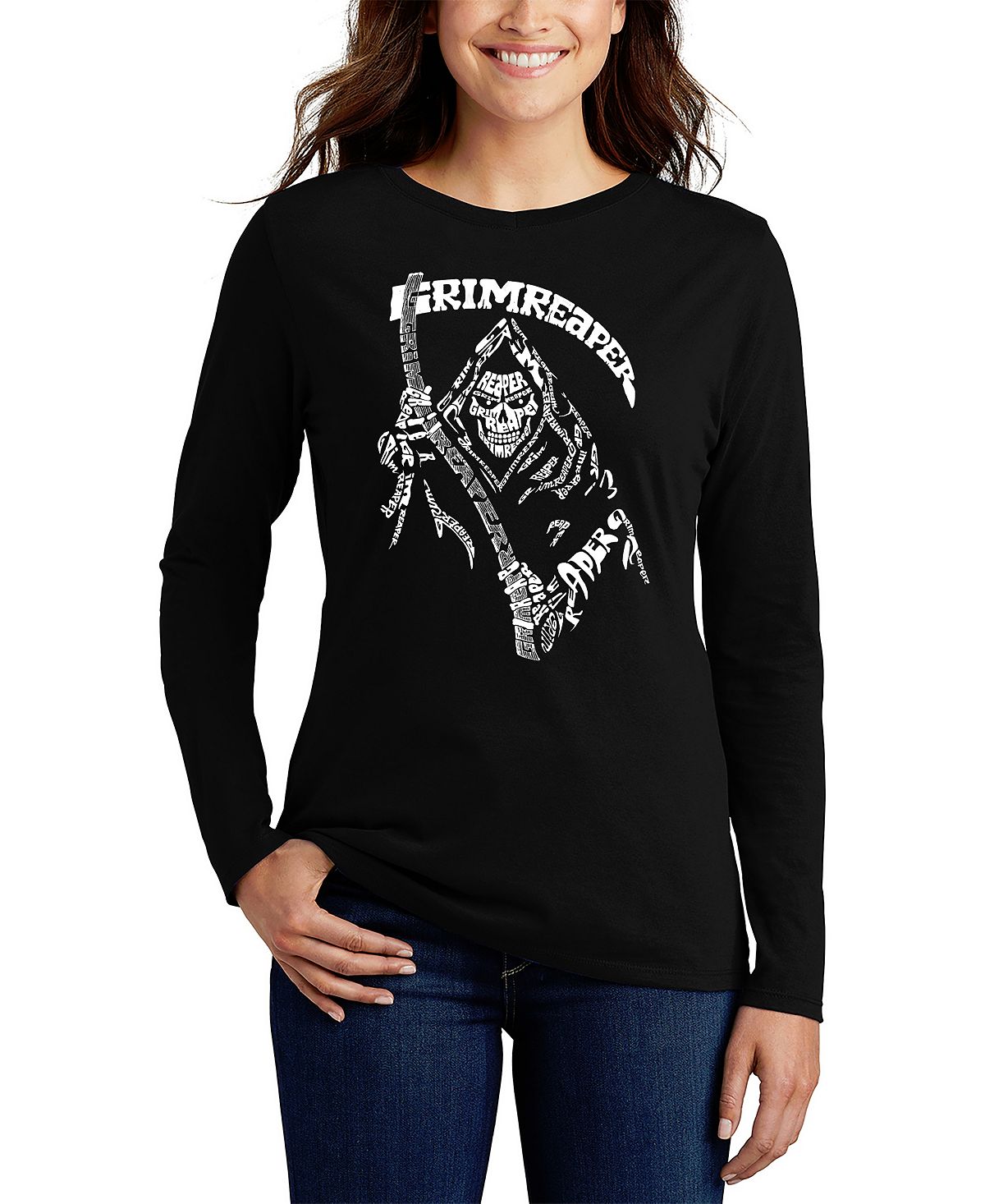 Женская футболка с длинным рукавом grim reaper word art LA Pop Art, черный
