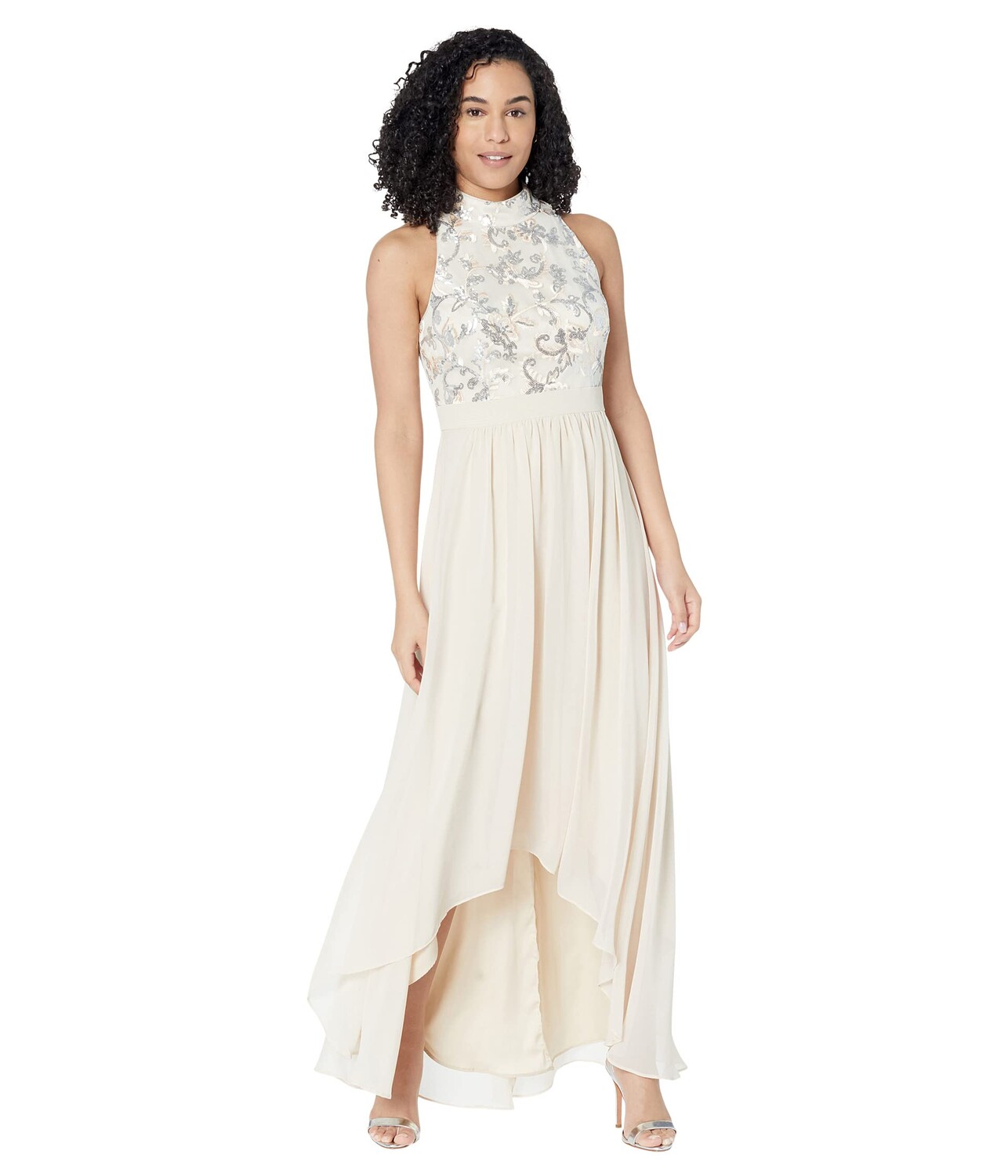 

Платье Vince Camuto, High Neck Haltered Sequin Top Gown with High-Low Chiffon Skirt