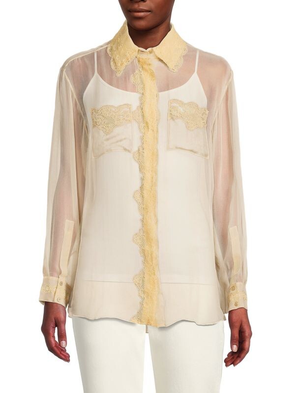 

Топ Burberry из прозрачного шелка и кружева, beige