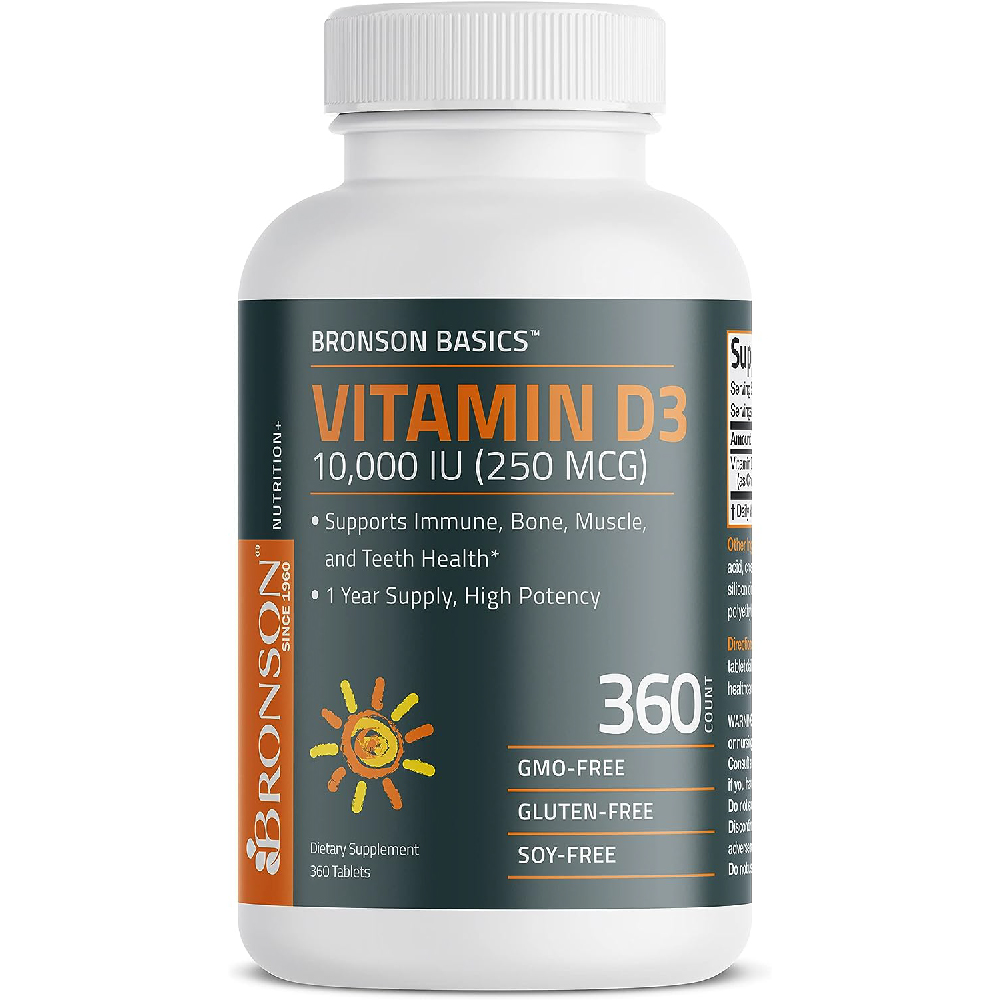 Витамин D3 Bronson Vitamin Year Supply for Healthy Muscle Function and Immune Support, 10 000 МЕ (250 мкг), 360шт цена и фото