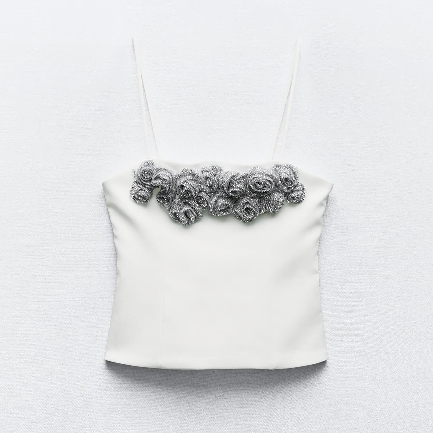 Топ Zara Rhinestone Floral Strappy, белый рубашка zara rhinestone button черный