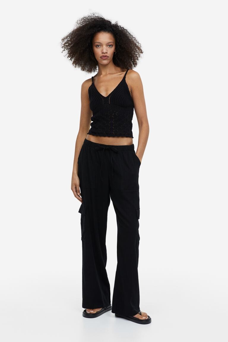 

Брюки-карго из смесового льна H&M, черный